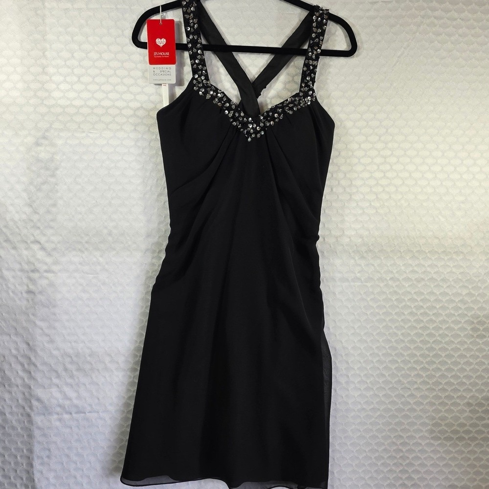 JJs House Black Sequin Embellished Cocktail Dress V-Neck Ruched Chiffon NWT Sz 6